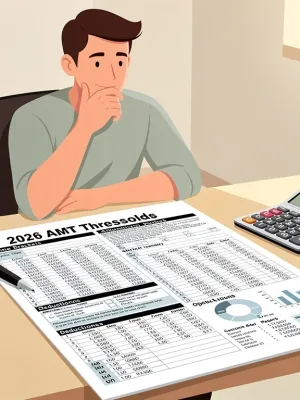 Person reviewing complex tax documents for 2026 AMT thresholds