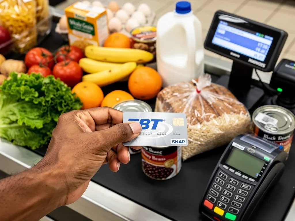 Hand holding EBT card at grocery store checkout.
