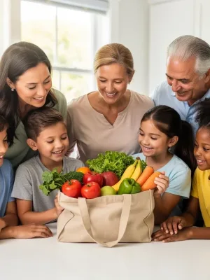 Family smiling with groceries, representing SNAP benefits and food security.