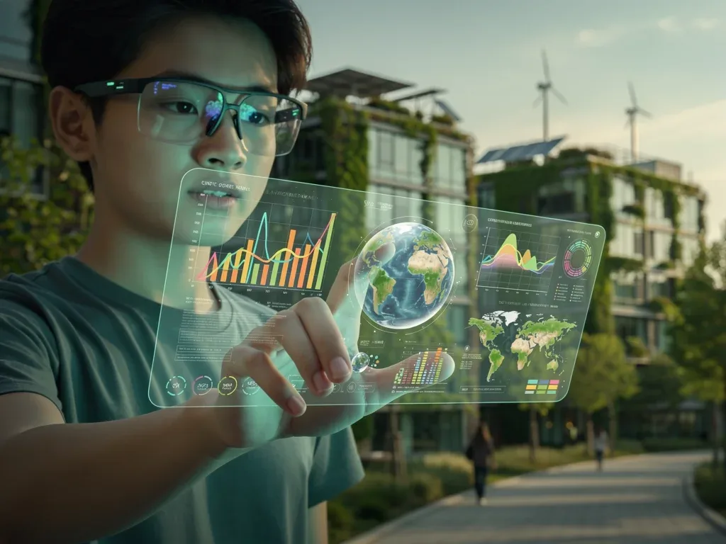Student interacting with holographic data visualization for environmental science.