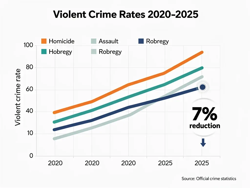 Infographic showing a 7% decrease in violent crime rates from 2020 to 2025