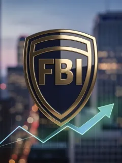 FBI shield over a city skyline symbolizing a decrease in crime rates