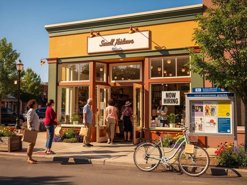 Vibrant small business storefront with 'Now Hiring' sign, symbolizing economic growth.