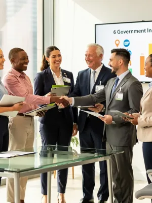 Small business owners engaging with government officials, highlighting new 2026 incentives.