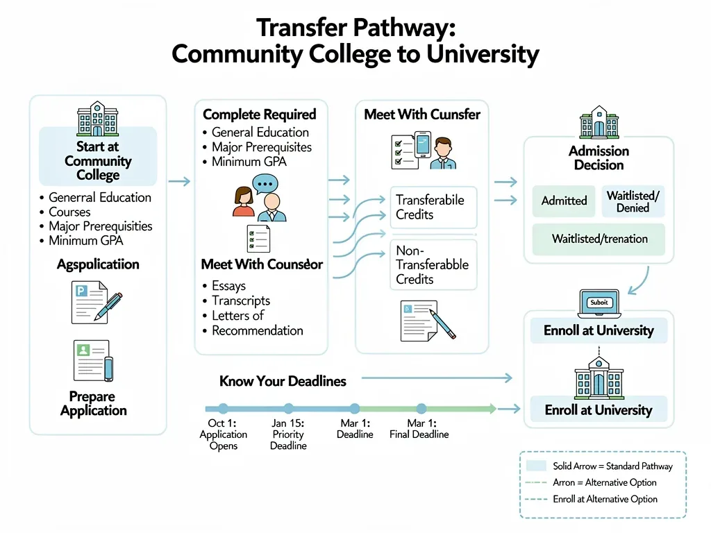 Infographic showing the community college transfer process steps.