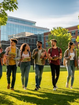 Students walking on a university campus, symbolizing successful community college transfers.