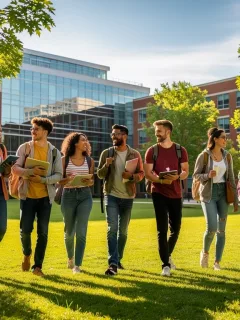 Students walking on a university campus, symbolizing successful community college transfers.