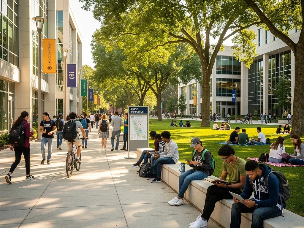 Vibrant university campus scene with students interacting and studying, showcasing in-person academic life.