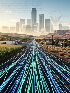 Fiber optic cables connecting diverse US landscapes, representing the national broadband expansion.