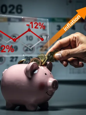 Hand putting coins in piggy bank with inflation graph, 2026 calendar