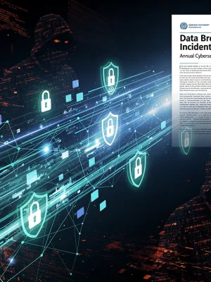 Secure data flowing through a network with cyber threats, representing increased data breaches in a government report.