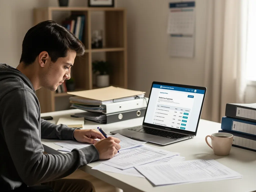 Person reviewing student loan forgiveness application documents