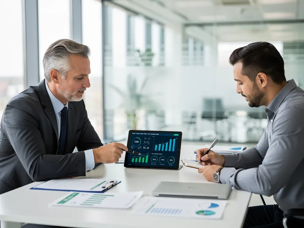 Financial advisor explaining tax strategy to small business owner for 2026
