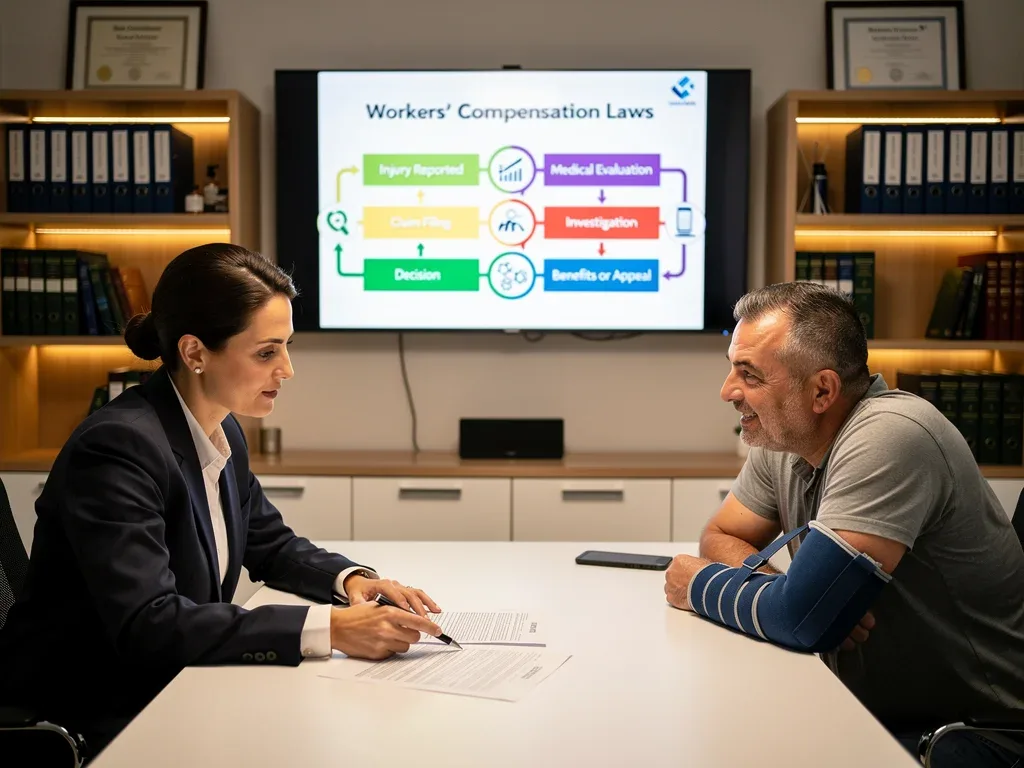 Legal advisor explaining workers' compensation laws to an injured employee.