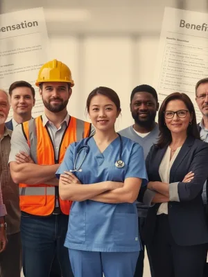 Workers standing together, representing their rights to compensation benefits in 2026.