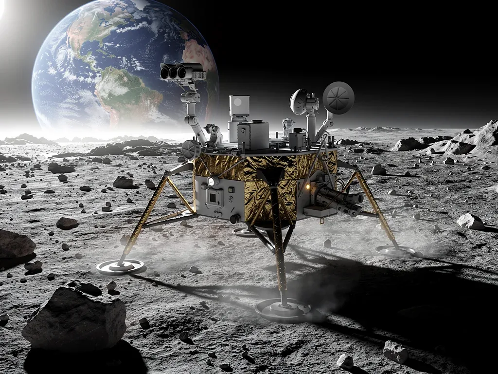 Lunar lander deploying scientific instruments on the Moon's south pole.