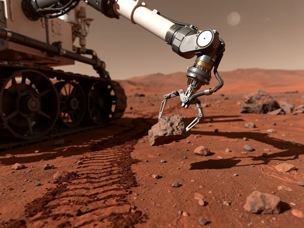 Mars rover's robotic arm collecting a rock sample on the Martian surface.