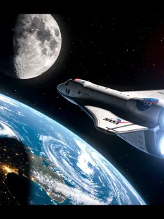 Futuristic spacecraft embarking on journey to Moon and Mars, symbolizing NASA's 2026 missions.