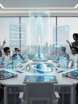 Students engaging with AI-powered learning tools in a futuristic classroom setting.