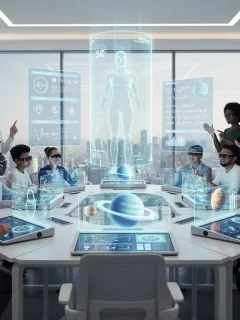 Students engaging with AI-powered learning tools in a futuristic classroom setting.