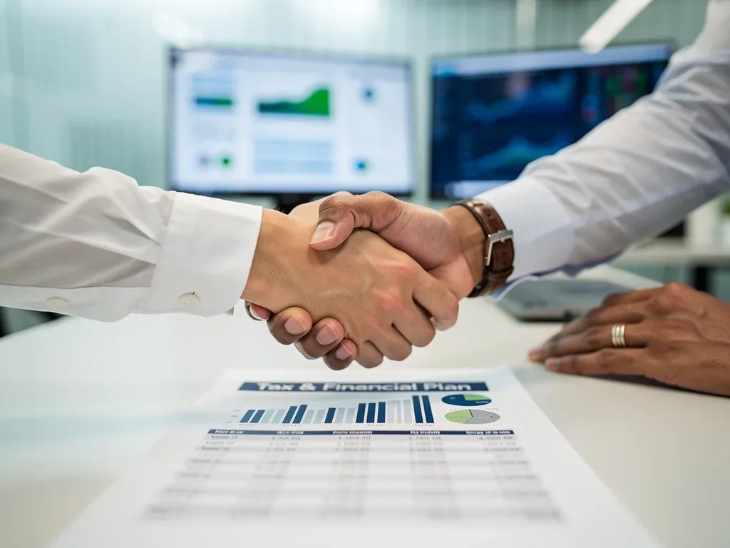Financial advisor and client shaking hands over tax documents
