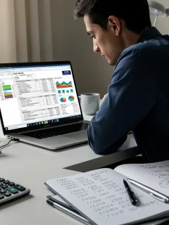 Thoughtful person planning finances with 2026 IRS tax forms on laptop