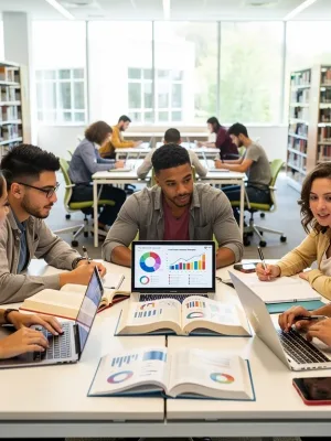 Students researching college majors with data insights in a modern library