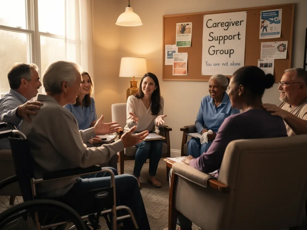 Diverse caregivers in a support group meeting, sharing experiences and finding community.