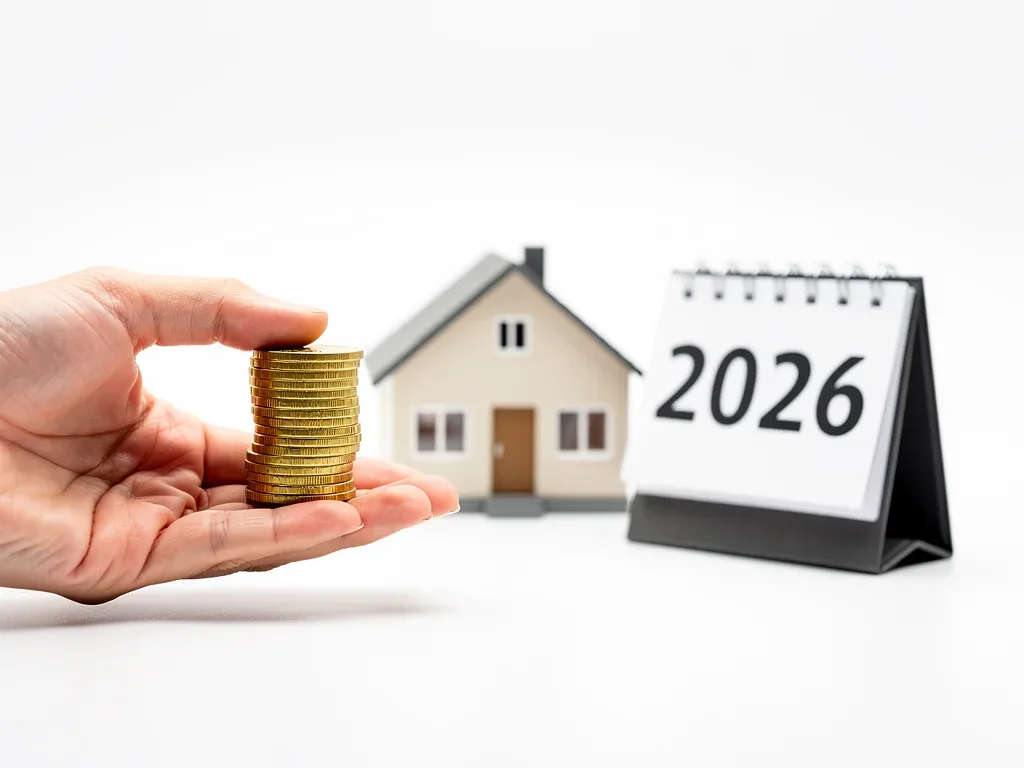 Hand holding coins next to house model and 2026 calendar, symbolizing financial aid.