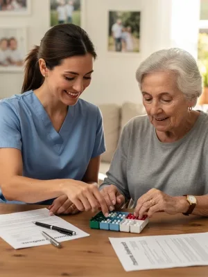 Compassionate caregiver assisting elderly individual at home, symbolizing support.