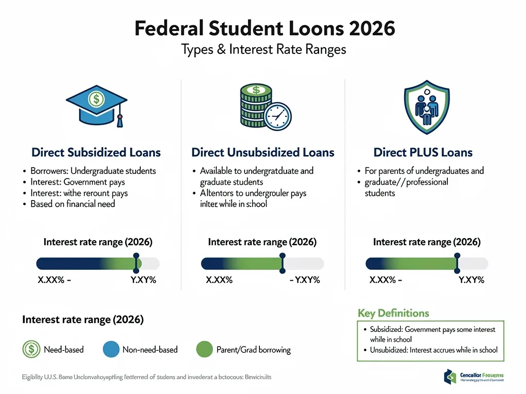 Infographic showing various federal student loan types and 2026 interest rates