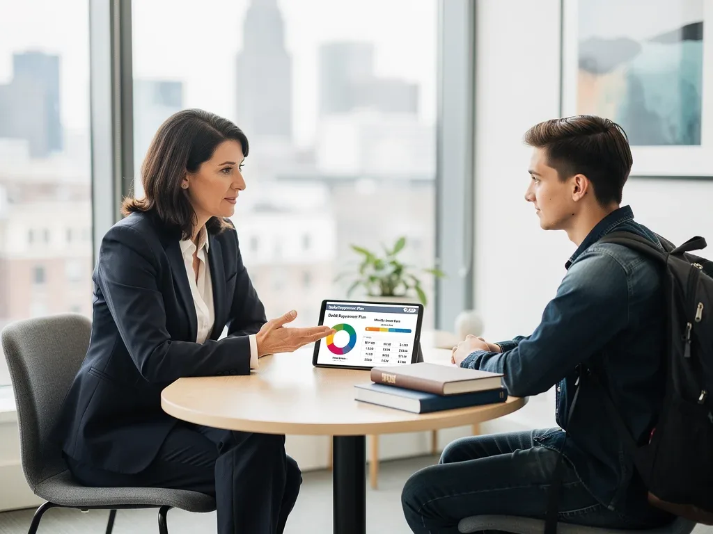 Financial advisor explaining student loan repayment strategies to a student