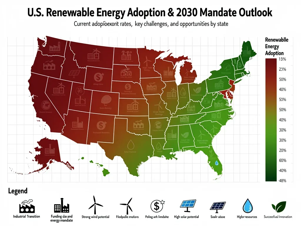 U.S. map illustrating state-specific renewable energy adoption and challenges