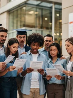 Students celebrating loan forgiveness with documents and a 2026 calendar