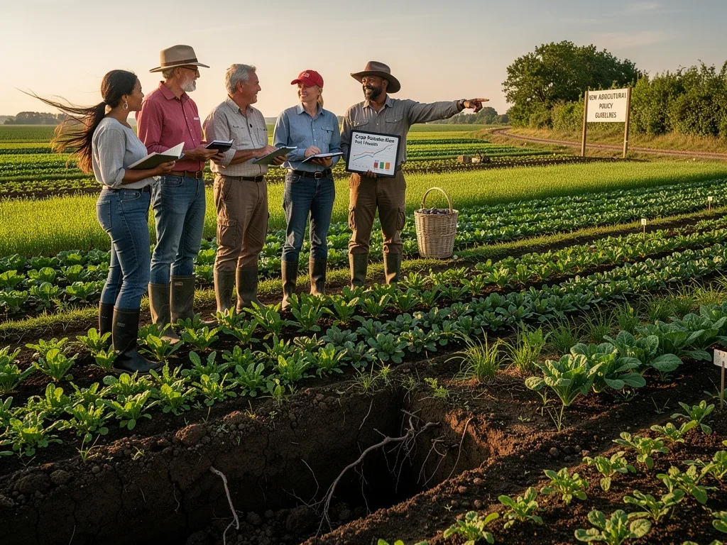 Farmers discussing sustainable crop rotation techniques in a field.