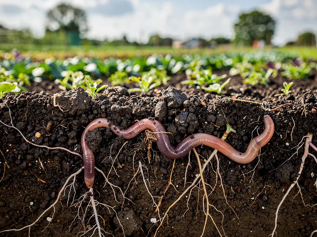 Close-up of rich, healthy soil with earthworms, indicating successful sustainable farming.