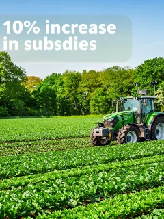Lush green farm field with tractor, symbolizing sustainable agriculture and increased subsidies.
