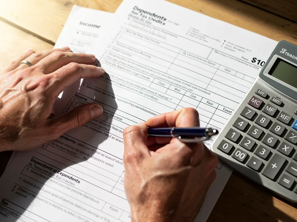 Hands filling out tax forms for Child Tax Credit