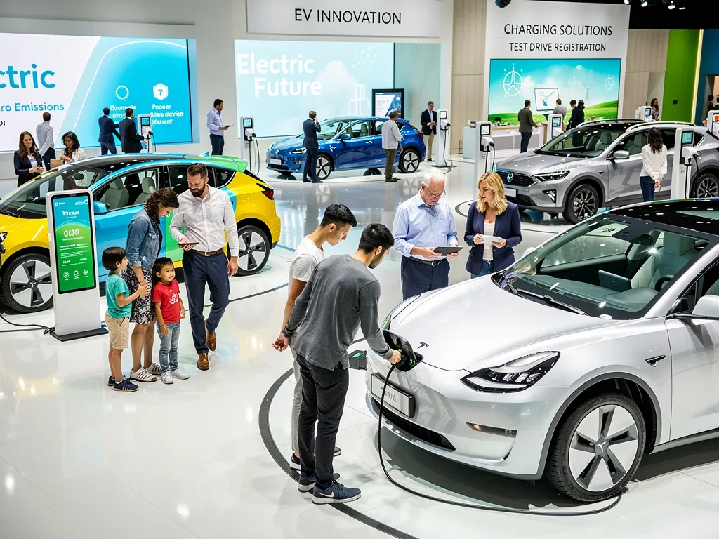 Consumers exploring new electric vehicle models at an auto show, highlighting market growth.