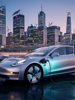 Electric vehicle charging at a public station with city lights, representing future energy policy goals.