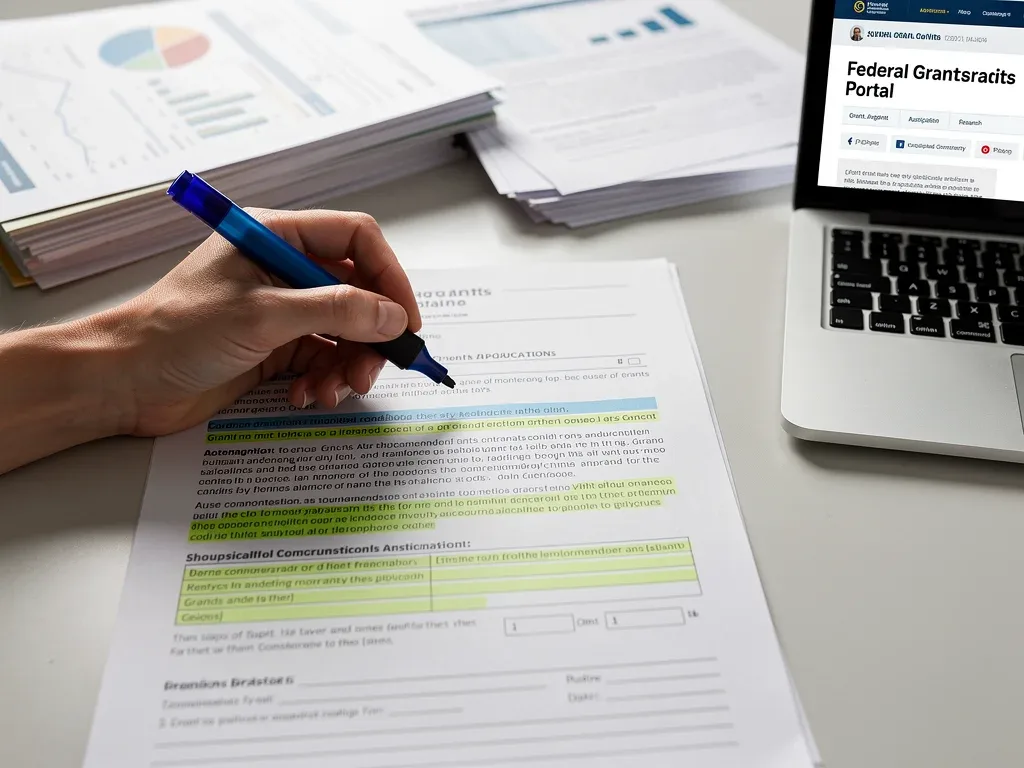 Grant application form being meticulously reviewed for federal funding