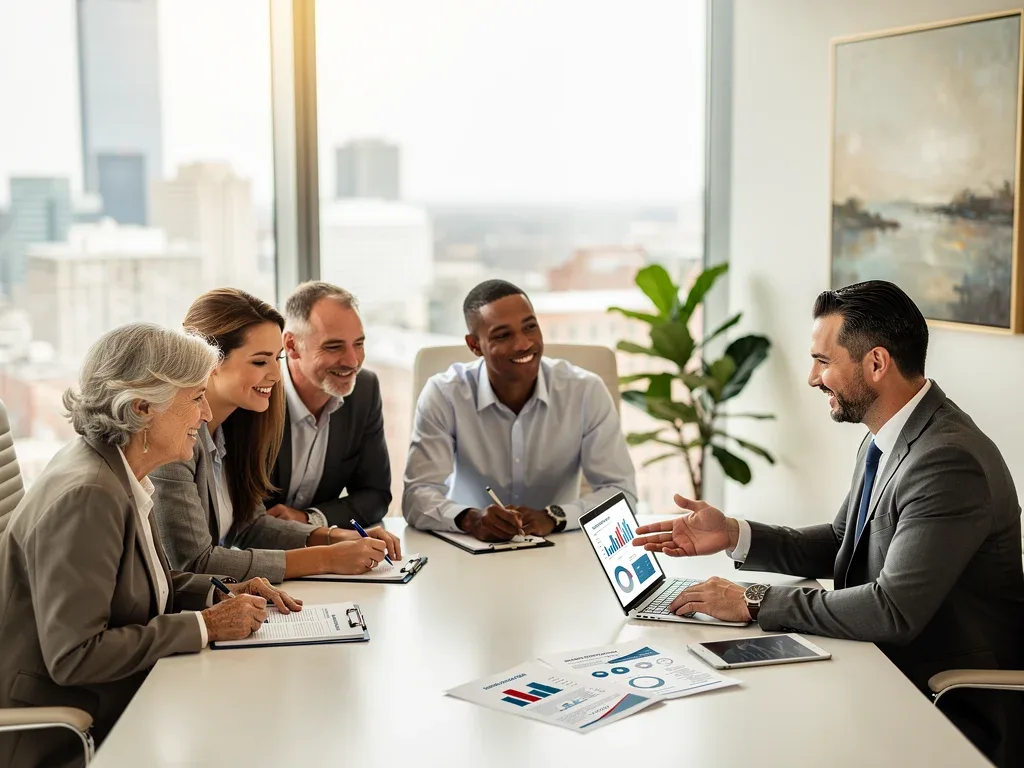Diverse group discussing retirement plans with financial advisor