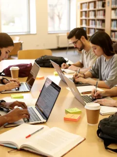 Students diligently working on college essays in a modern library environment