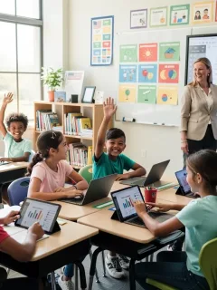Diverse K-12 students engaged in a modern classroom, benefiting from federal funding