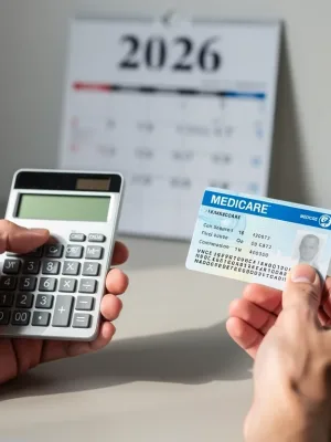Hands holding calculator and Medicare card with 2026 calendar