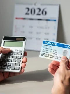 Hands holding calculator and Medicare card with 2026 calendar