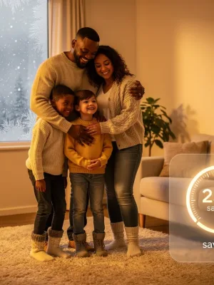 Family warm in winter home, symbolizing energy savings