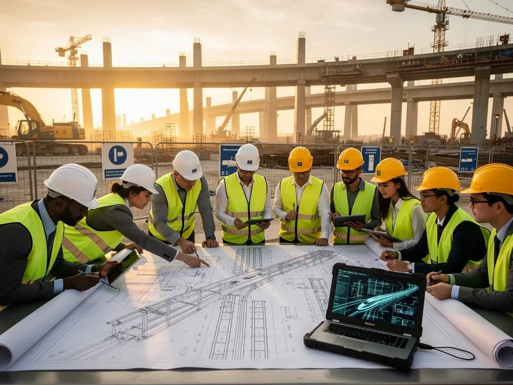 Engineers collaborating on high-speed rail blueprints at a construction site.