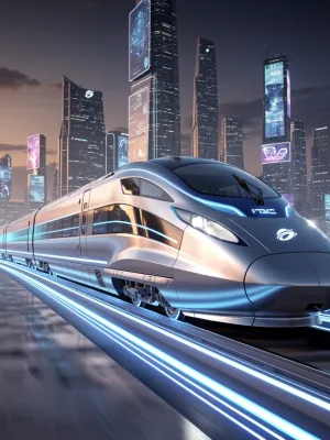 Modern high-speed train on tracks, symbolizing rapid transportation and innovation.