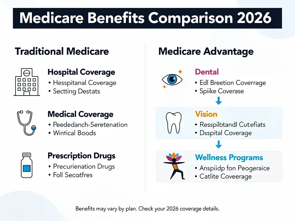 Infographic comparing Medicare and Medicare Advantage benefits for 2026.